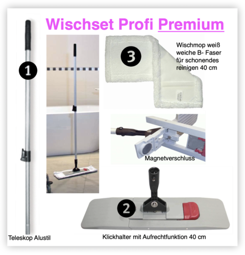 Wischset Profi Premium:  Klickkalter Aufrechtfunktion, Alutelestil, Wischmop weiß 40cm